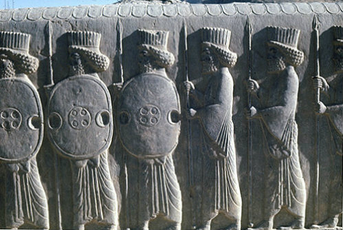Iran, formerly Persia, Persepolis, capital of the Achaemenid Empire, palace of Darius, begun 515 BC, bas-relief of Persian guard